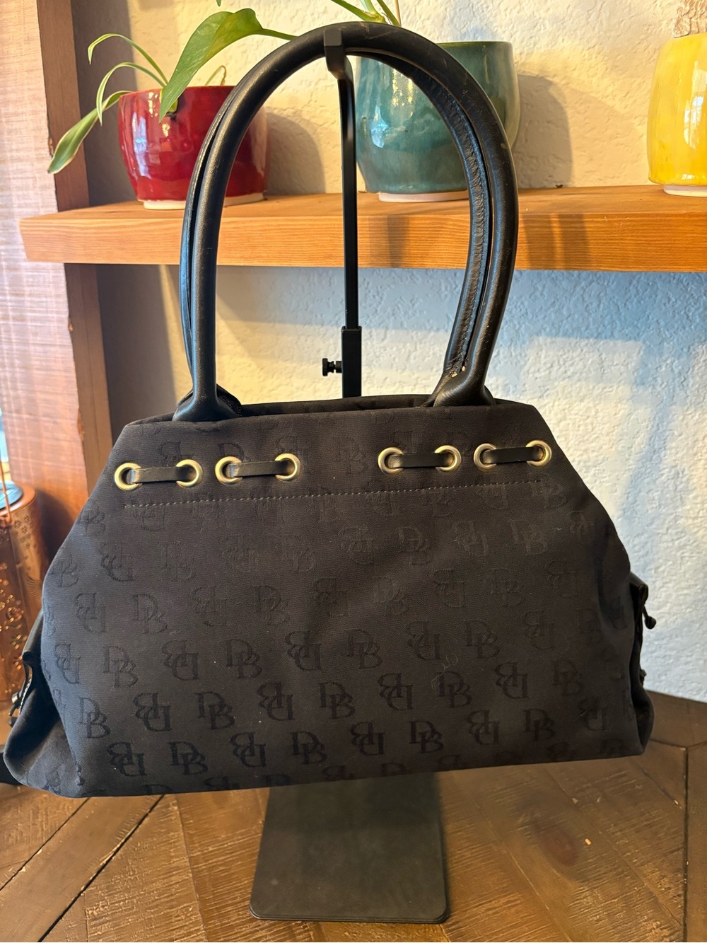 Dooney & Bourke Black DB Logo Drawstring Satchel with Gold Hardware - Picture 4 of 9